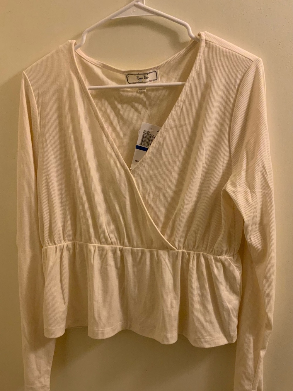 Hippie Rose Cream Surplice Peplum Long-Sleeve Top